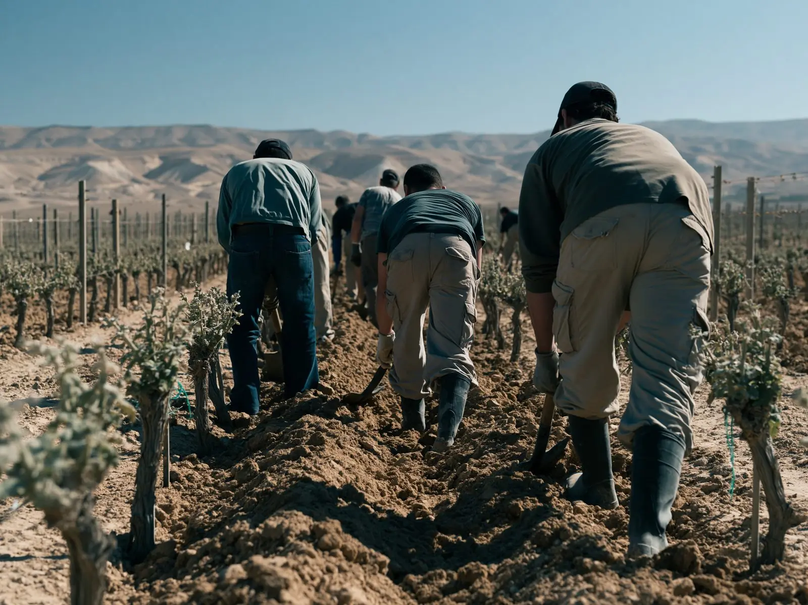 Working together in the young vineyards of Lahav Farm in the Negev